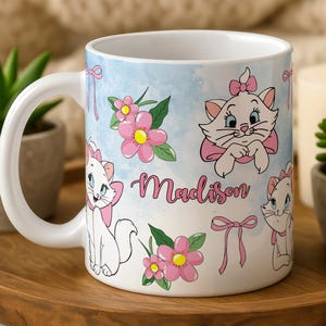 Personalized Cute Cat Mug, Custom Name Coffee Cup, Funny Kitty Pottery Mug, Pink Bow and Flowers Design Cup, Ceramic Tea Mug, Cat Lover Gift