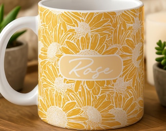 Personalized Sunflower Mug, Custom Name Coffee Cup, Bright Floral Design Tea Mug, Nature Inspired Pottery Mug, Customized Ceramic Cup Gift