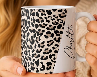 Caneca personalizada com estampa de leopardo e zebra, xícara de café com nome personalizado, xícara de cerâmica com design de patchwork, caneca de cerâmica com estampa animal, caneca de chá da moda