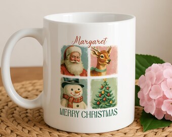 Gepersonaliseerde keramische kerstmok, koffiekopje aangepaste naam, theemok kerstpersonages, kopje aardewerk op maat, kerstcadeau voor koffieliefhebber