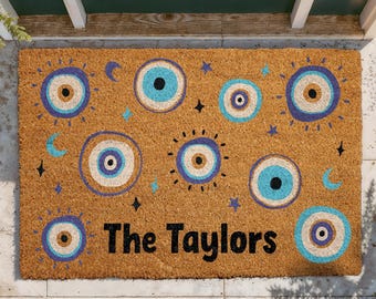 Custom Evil Eye Family Name Doormat, Celestial Moons Stars Welcome Mat (Coir)