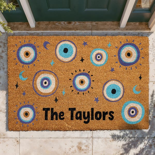 Custom Evil Eye Family Name Doormat, Celestial Moons Stars Welcome Mat (Coir)