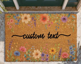Boho Floral Doormat, Custom Personalized Family Name Welcome Door Mat, Colorful Coir Entryway Mat