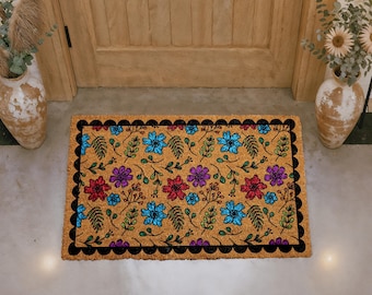 Vibrant Floral Doormat, Colorful Flowers Welcome Mat, Botanical Front Porch Decor, Seasonal Entryway Coir Rug, Wildflower Pattern Door Mat