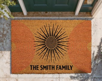 Custom Boho Sunburst Doormat, Celestial Design Welcome Mat, Abstract Sun Door Decor, Bohemian Style Mid-Century Modern Rug