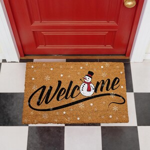 Festive Snowman Doormat, Winter Holiday Welcome Mat, Christmas Snowflakes Coir Mat, Happy New Year Door Mat, Seasonal Outdoor Entryway Rug