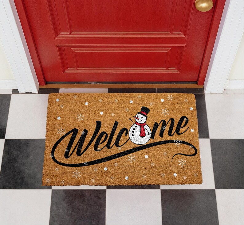 Festive Snowman Doormat, Winter Holiday Welcome Mat, Christmas Snowflakes Coir Mat, Happy New Year Door Mat, Seasonal Outdoor Entryway Rug