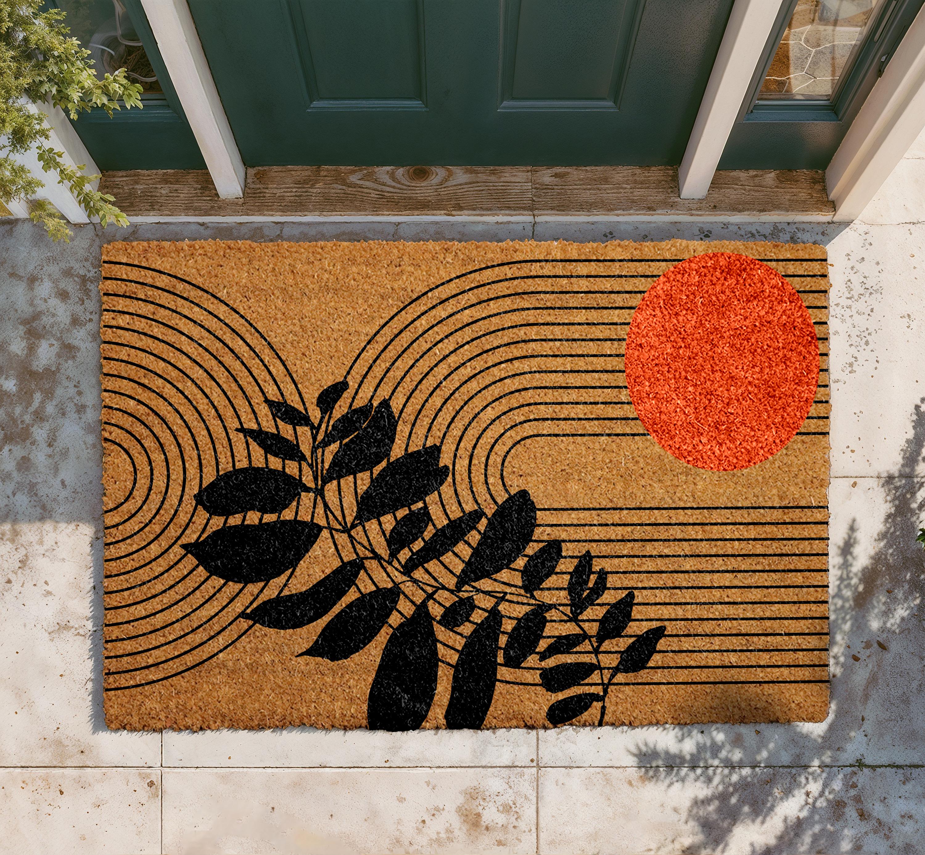 Mid Century Modern Doormat, Abstract Lines and Leaf Art Welcome Mat