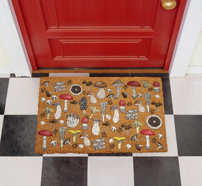 Whimsical Mushroom Doormat, Fungi Welcome Mat, Botanical Mushroom Coir Mat, Boho Outdoor Door Mat, Cottagecore Housewarming Gift