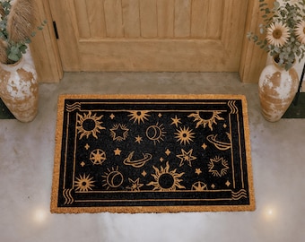 Elegant Celestial Doormat, Astrology Inspired Welcome Mat, Cosmic Outdoor Entryway Rug, Sun Moon Star Door Mat, Mystical Front Porch Decor