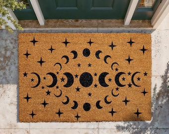 Celestial Moon Phases and Stars Doormat, Spiritual Welcome Mat for Front Porch Decor, Mystical Outdoor Coir Mat, Bohemian Astrology Door Mat