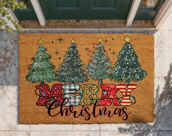 Merry Christmas Doormat, Festive Trees Welcome Mat, Seasonal Entryway Rug