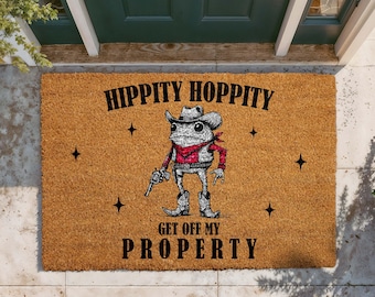 Hippity Hoppity Get Off My Property Doormat, Funny Cowboy Frog Welcome Mat, Western Front Porch Decor, Rustic Farmhouse Entryway Gift Rug