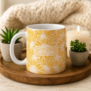 Personalized Sunflower Ceramic Mug, Custom Name Coffee Cup, Floral Pottery Gift
