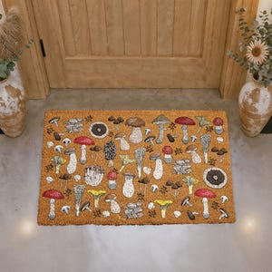 Whimsical Mushroom Doormat, Fungi Welcome Mat, Botanical Mushroom Coir Mat, Boho Outdoor Door Mat, Cottagecore Housewarming Gift