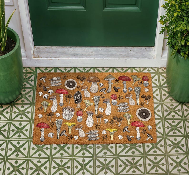 Whimsical Mushroom Doormat, Fungi Welcome Mat, Botanical Mushroom Coir Mat, Boho Outdoor Door Mat, Cottagecore Housewarming Gift