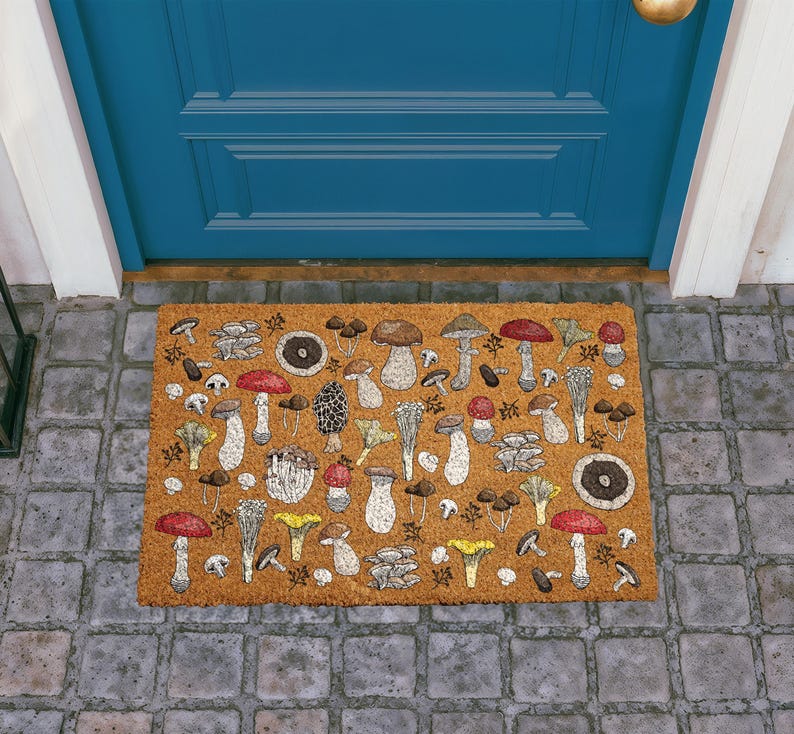 Whimsical Mushroom Doormat, Fungi Welcome Mat, Botanical Mushroom Coir Mat, Boho Outdoor Door Mat, Cottagecore Housewarming Gift