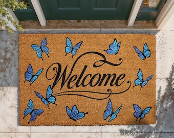 Outdoor Butterfly Doormat, Elegant Welcome Mat, Decorative Entryway Rug, Seasonal Coir Mat, Colorful Front Porch Decor, Nature Inspired Mat