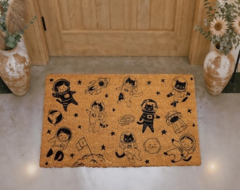 Space Cat Doormat, Cute Kitty Welcome Mat, Astronaut Cat Door Mat, Cosmic Coir Mat, Funny Porch Decor, Outdoor Entry Rug, Gift For Pet Lover