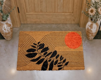 Mid Century Modern Doormat, Abstract Lines and Leaf Art Welcome Mat, Minimalist Botanical Door Mat, Stylish Entry Rug, Sun Inspired Coir Mat