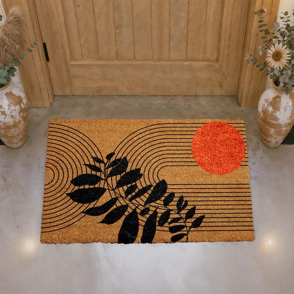 Mid Century Modern Doormat, Abstract Lines and Leaf Art Welcome Mat, Minimalist Botanical Door Mat, Stylish Entry Rug, Sun Inspired Coir Mat