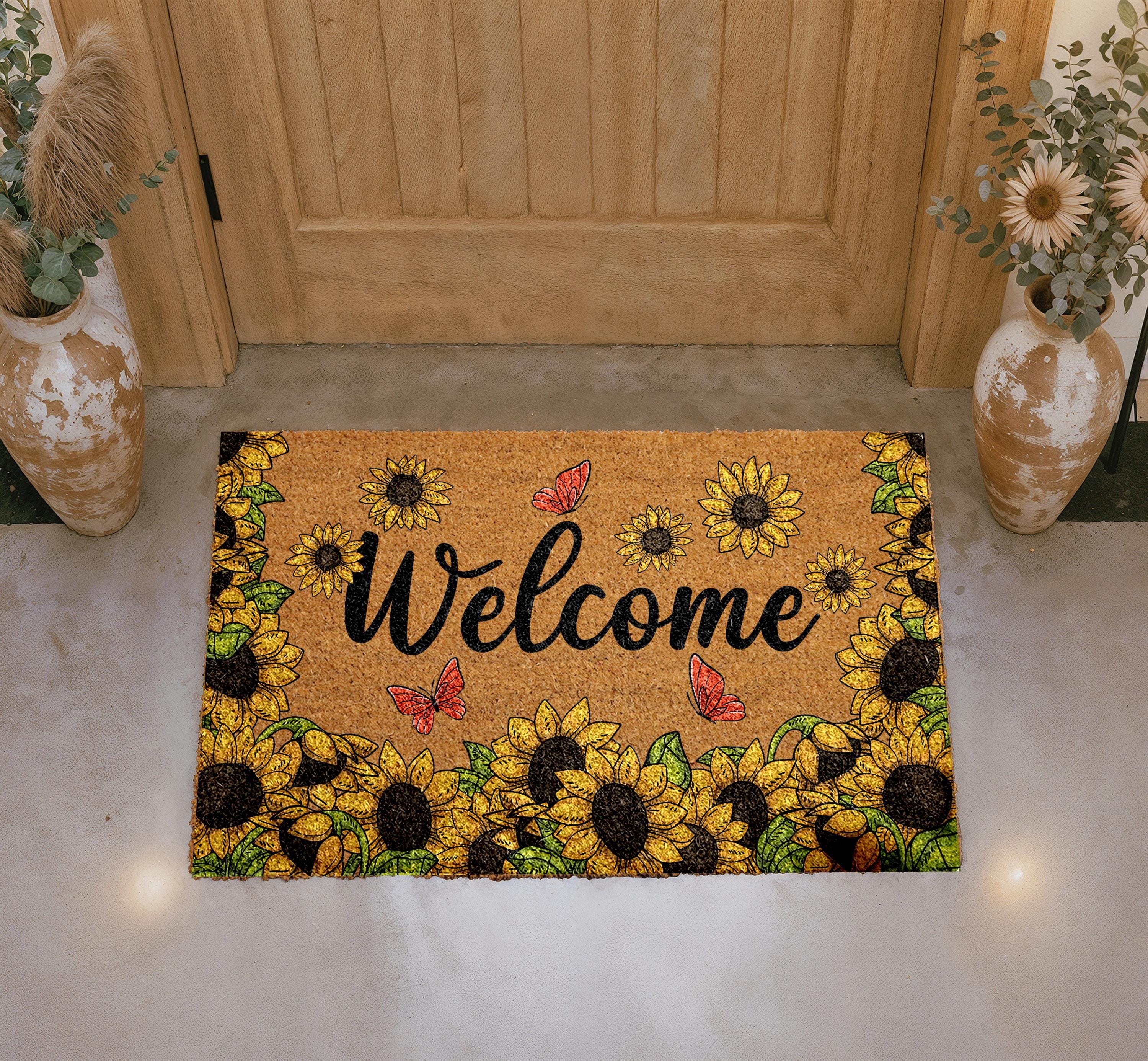 Sunflower Doormat With Butterflies, Nature Inspired Welcome Mat