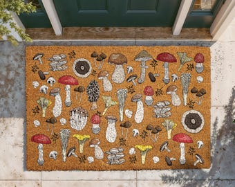 Whimsical Mushroom Doormat, Botanical Fungi Welcome Mat, Boho Cottagecore Outdoor Rug