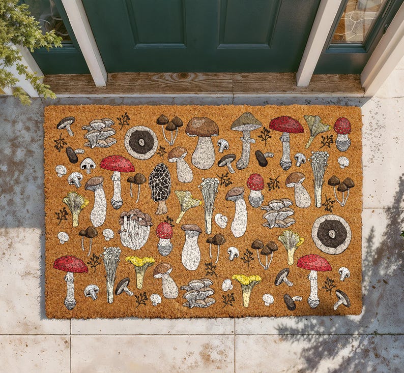 Whimsical Mushroom Doormat, Fungi Welcome Mat, Botanical Mushroom Coir Mat, Boho Outdoor Door Mat, Cottagecore Housewarming Gift