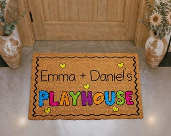 Personalized Playhouse Doormat, Custom Couple Welcome Mat, Funny Kids Style Door Mat, Colorful Outdoor Mat, Family Entryway Coir Mat