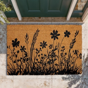 Wildflower Meadow Doormat, Floral Silhouette Welcome Mat, Botanical Outdoor Coir Mat, Flowers Door Mat, Nature Inspired Entryway Mat