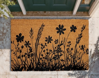 Wildflower Meadow Doormat, Floral Silhouette Welcome Mat, Botanical Outdoor Coir Mat, Flowers Door Mat, Nature Inspired Entryway Mat