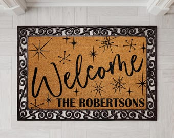 Custom Retro Starburst Doormat, Mid Century Modern Welcome Mat, Family Name Housewarming Gift