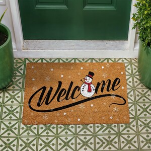 Festive Snowman Doormat, Winter Holiday Welcome Mat, Christmas Snowflakes Coir Mat, Happy New Year Door Mat, Seasonal Outdoor Entryway Rug