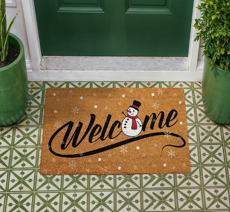 Festive Snowman Doormat, Winter Holiday Welcome Mat, Christmas Snowflakes Coir Mat, Happy New Year Door Mat, Seasonal Outdoor Entryway Rug