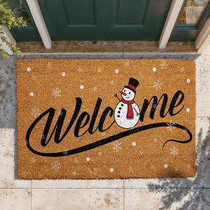Festive Snowman Doormat, Winter Holiday Welcome Mat, Christmas Snowflakes Coir Mat, Happy New Year Door Mat, Seasonal Outdoor Entryway Rug