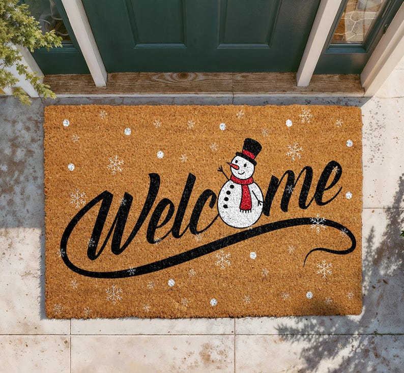 Festive Snowman Doormat, Winter Holiday Welcome Mat, Christmas Snowflakes Coir Mat, Happy New Year Door Mat, Seasonal Outdoor Entryway Rug