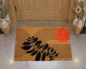 Mid Century Modern Doormat, Abstract Lines and Leaf Art Welcome Mat, Minimalist Botanical Door Mat, Stylish Entry Rug, Sun Inspired Coir Mat