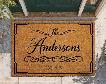 Personalized Family Name Doormat, Established Year Welcome Mat, Elegant Custom Door Mat, Outdoor Entry Rug, Front Porch Decor, Wedding Gift