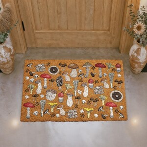 Whimsical Mushroom Doormat, Fungi Welcome Mat, Botanical Mushroom Coir Mat, Boho Outdoor Door Mat, Cottagecore Housewarming Gift