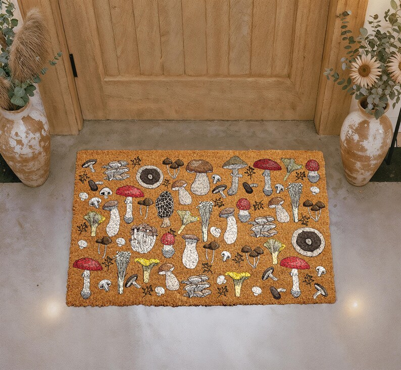 Whimsical Mushroom Doormat, Fungi Welcome Mat, Botanical Mushroom Coir Mat, Boho Outdoor Door Mat, Cottagecore Housewarming Gift