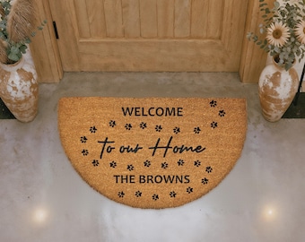 Welcome To Our Home Doormat, Custom Family Name Welcome Mat, Personalized Paw Print Door Mat, Housewarming Gift For Pet Lover