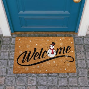 Festive Snowman Doormat, Winter Holiday Welcome Mat, Christmas Snowflakes Coir Mat, Happy New Year Door Mat, Seasonal Outdoor Entryway Rug