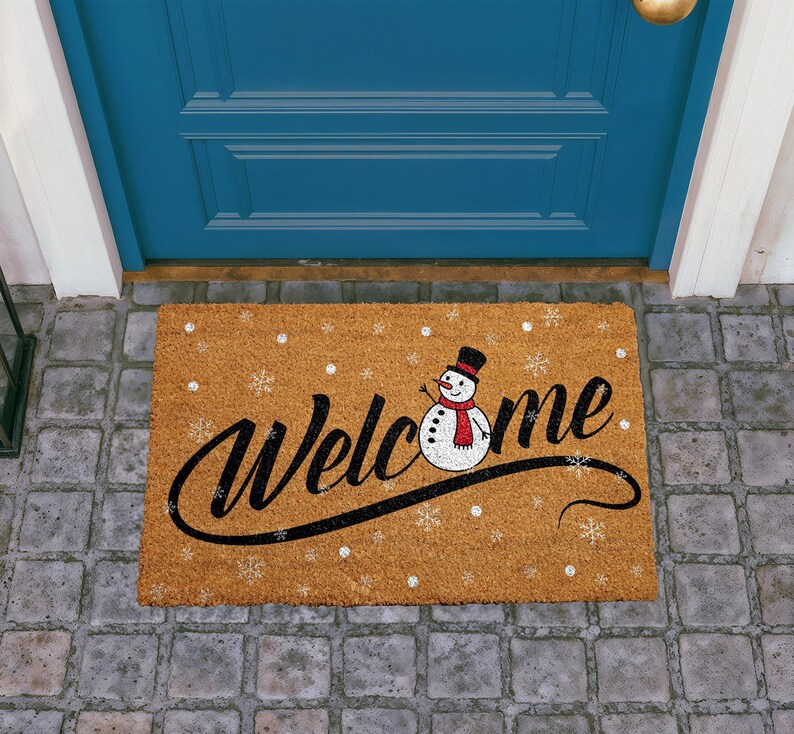 Festive Snowman Doormat, Winter Holiday Welcome Mat, Christmas Snowflakes Coir Mat, Happy New Year Door Mat, Seasonal Outdoor Entryway Rug