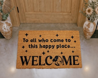 To All Who Come To This Happy Place Welcome Doormat, Inspirational Welcome Mat, Minimalist Outdoor Mat, Cozy Quote Door Mat, Front Porch Rug
