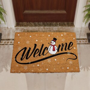 Festive Snowman Doormat, Winter Holiday Welcome Mat, Christmas Snowflakes Coir Mat, Happy New Year Door Mat, Seasonal Outdoor Entryway Rug