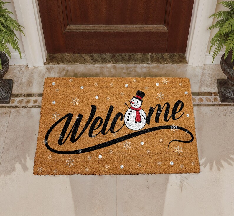 Festive Snowman Doormat, Winter Holiday Welcome Mat, Christmas Snowflakes Coir Mat, Happy New Year Door Mat, Seasonal Outdoor Entryway Rug