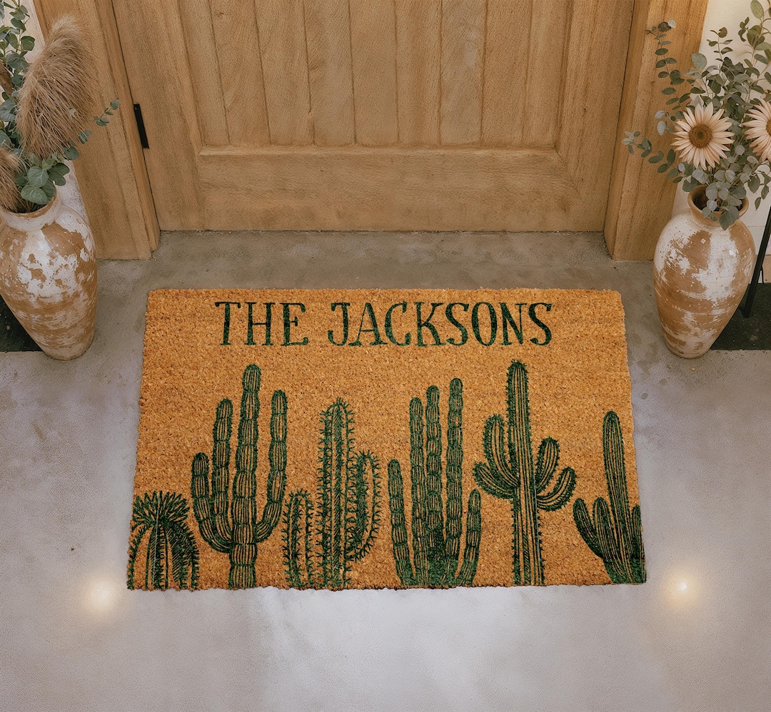 Personalized Cactus Doormat, Custom Family Name Welcome Mat, Southwestern Outdoor Mat, Desert Chic Front Porch Decor, Rustic Home Entry Rug - 18 x 30 Medium