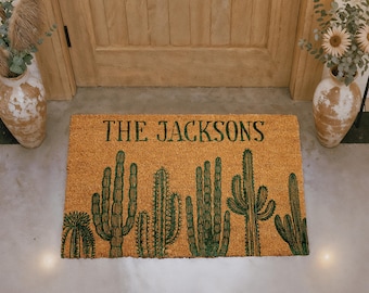 Personalized Cactus Doormat, Custom Family Name Welcome Mat, Southwestern Outdoor Mat, Desert Chic Front Porch Decor, Rustic Home Entry Rug