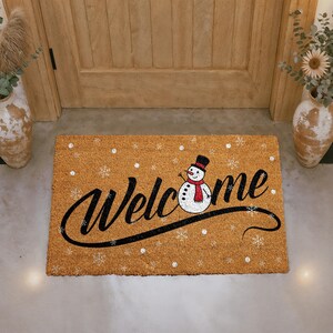 Festive Snowman Doormat, Winter Holiday Welcome Mat, Christmas Snowflakes Coir Mat, Happy New Year Door Mat, Seasonal Outdoor Entryway Rug