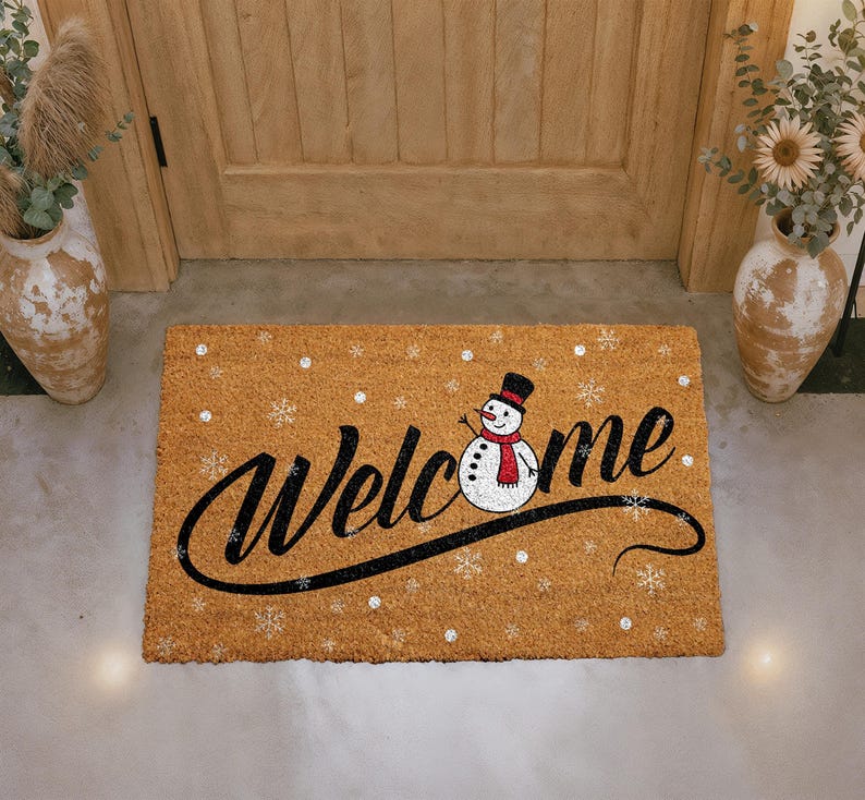 Festive Snowman Doormat, Winter Holiday Welcome Mat, Christmas Snowflakes Coir Mat, Happy New Year Door Mat, Seasonal Outdoor Entryway Rug